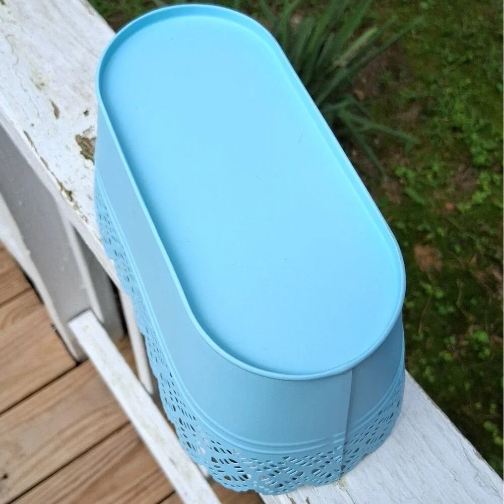 370 Baby Blue Decorative Metal Oval Basket Scalloped Lace Trim Home Decor